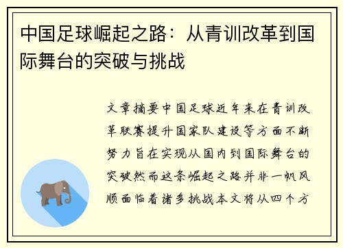 中国足球崛起之路：从青训改革到国际舞台的突破与挑战