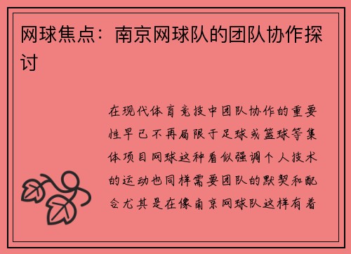 网球焦点：南京网球队的团队协作探讨