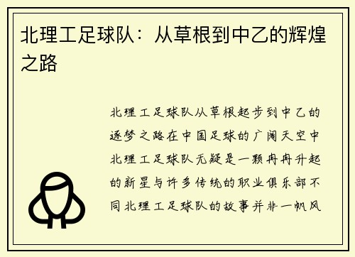 北理工足球队：从草根到中乙的辉煌之路