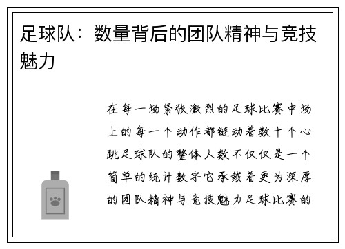 足球队：数量背后的团队精神与竞技魅力
