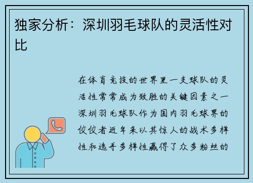 独家分析：深圳羽毛球队的灵活性对比