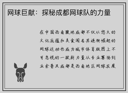 网球巨献：探秘成都网球队的力量