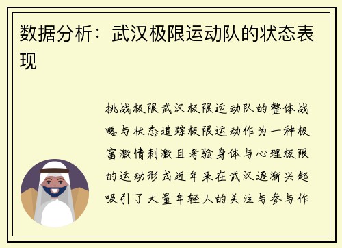 数据分析：武汉极限运动队的状态表现